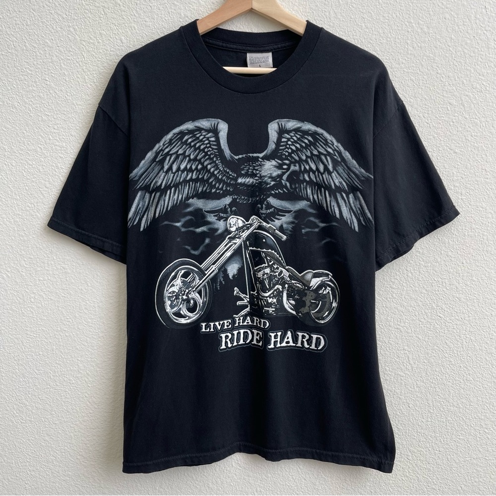 NATIONAL HERITAGE Vintage Black Live Hard Ride Hard Eagle Motorcycle Graphic Tee